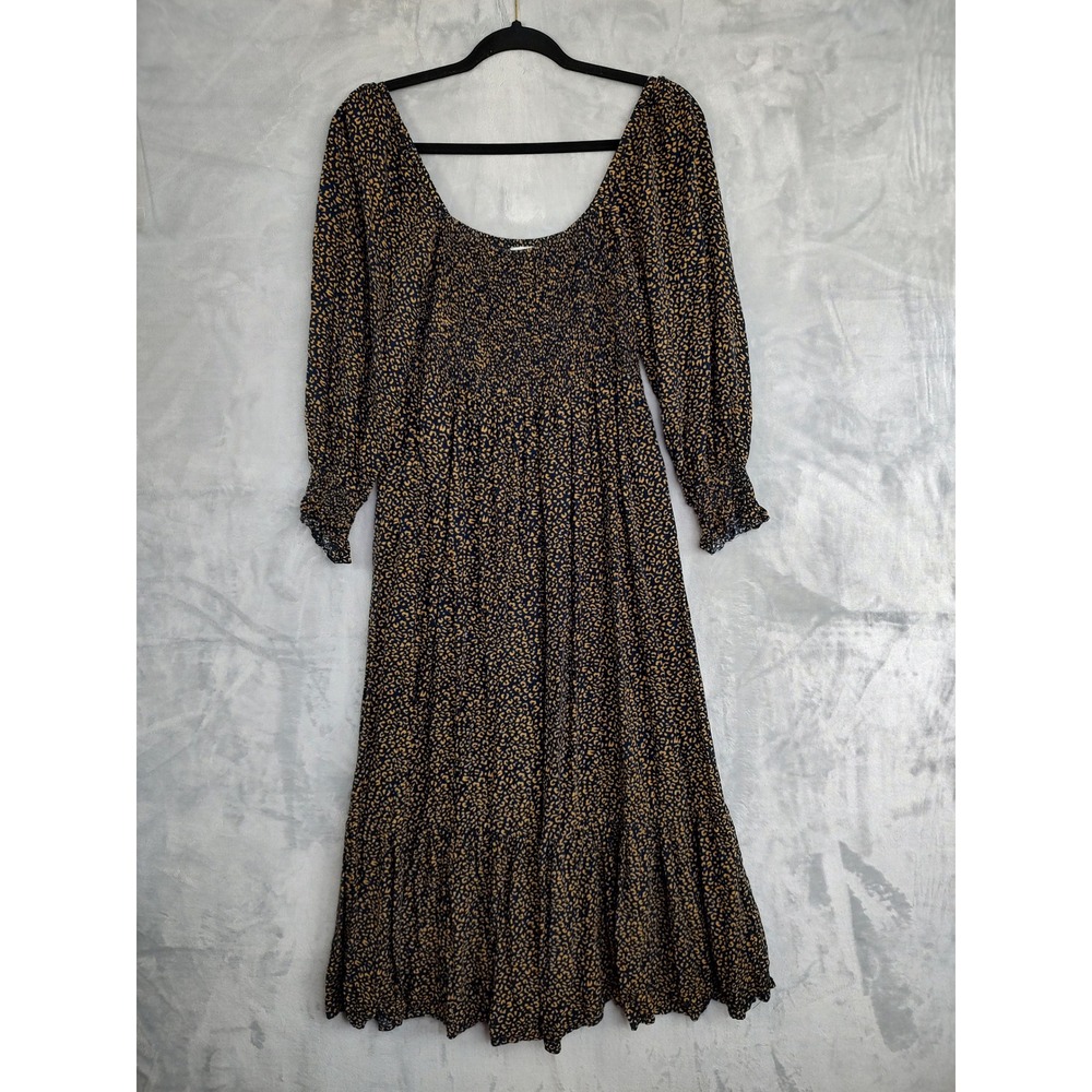 elloh Smocked Bodice Midi Dress Navy Blue Mustard Floral Print Long Sleeve M